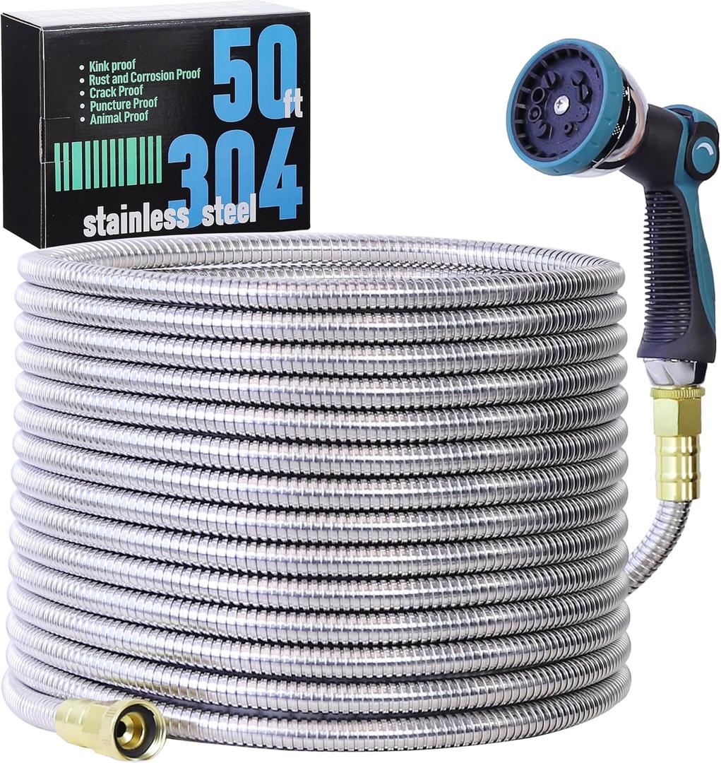 50FT Garden Hose, 304 Stainless Steel Water Hose, Flexible with a 10-Mode Nozzle Sprayer, No Kink, Lightweight, Puncture Proof, Ideal for Yard, Lawn, Outdoor, 5/8" Outside Diameter