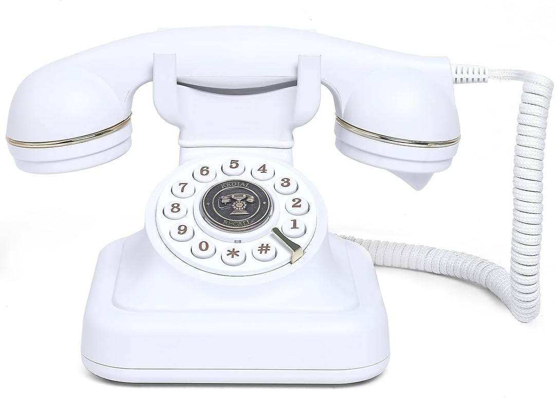 Retro Landline Phone 1960's Vintage Corded Dial Button Phone Classic Old Telephone Antique Phones with Redial Function for Home Office (White)