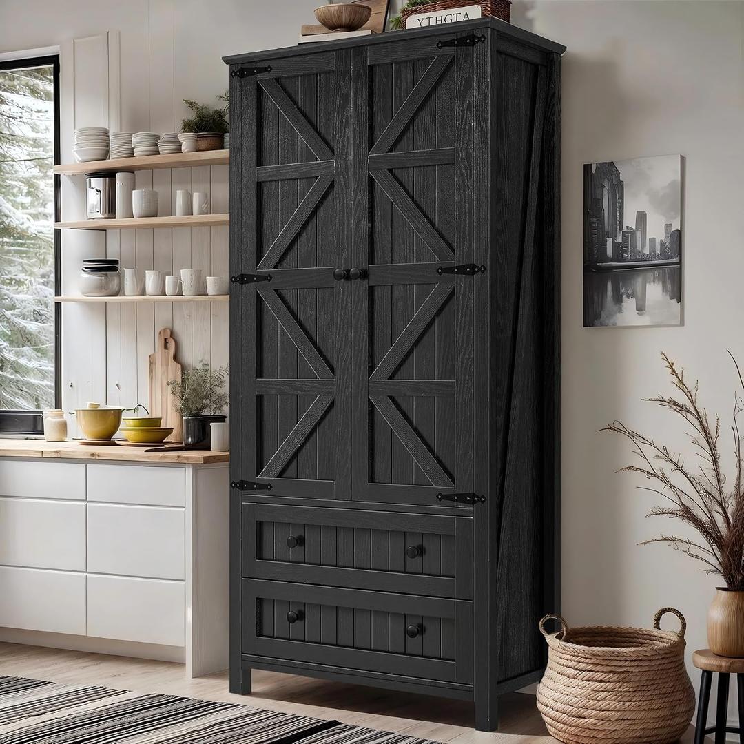 DWVO Farmhouse Kitchen Pantry Cabinet, 64.5" Tall Storage Cabinet with 2 Drawers and Adjustable Shelves, Versatile Storage for Living Room, Dining Room or Hallway, Oak Black, 64"H Double Drawers