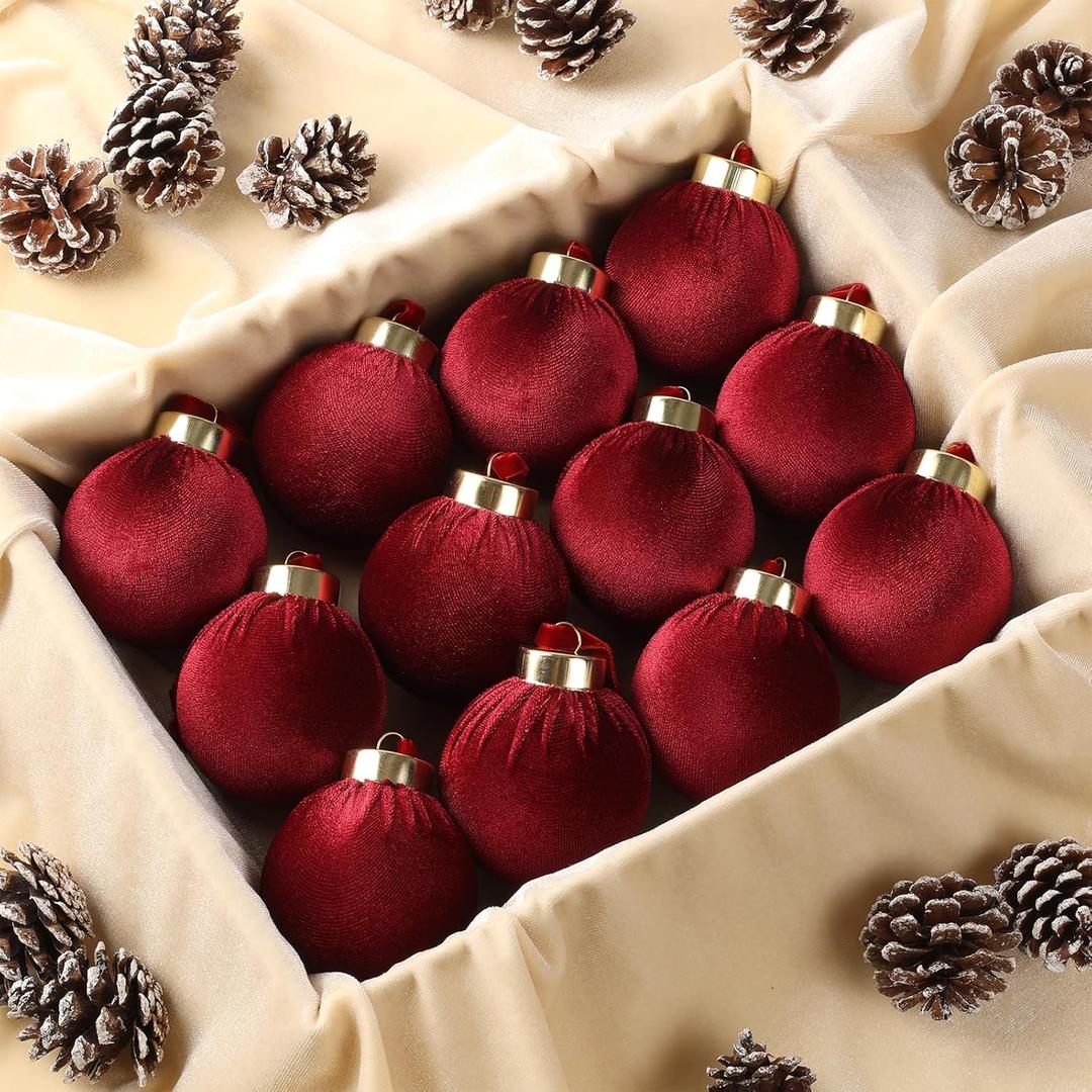 12 Pack Velvet Christmas Ball Ornaments Large Flocked Christmas Tree Hanging Ornaments Shatterproof Flocked Decorative Balls for Xmas Tree Decorations (Dark red, 2.36inch)