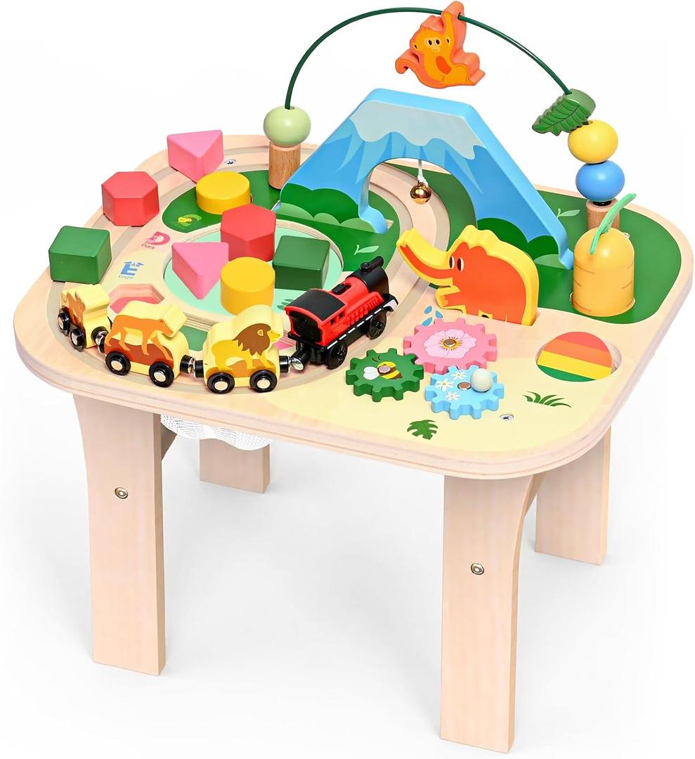 WINGYZ Activity Table for 1 Year Old Toddler, 9-in-1 Multi-Colorful Wooden Montessori Toys, Baby Play Table with Bead Maze Shape Sorter Train Toy, Educational Gifts for 12 Months+ Kids Boys Girls