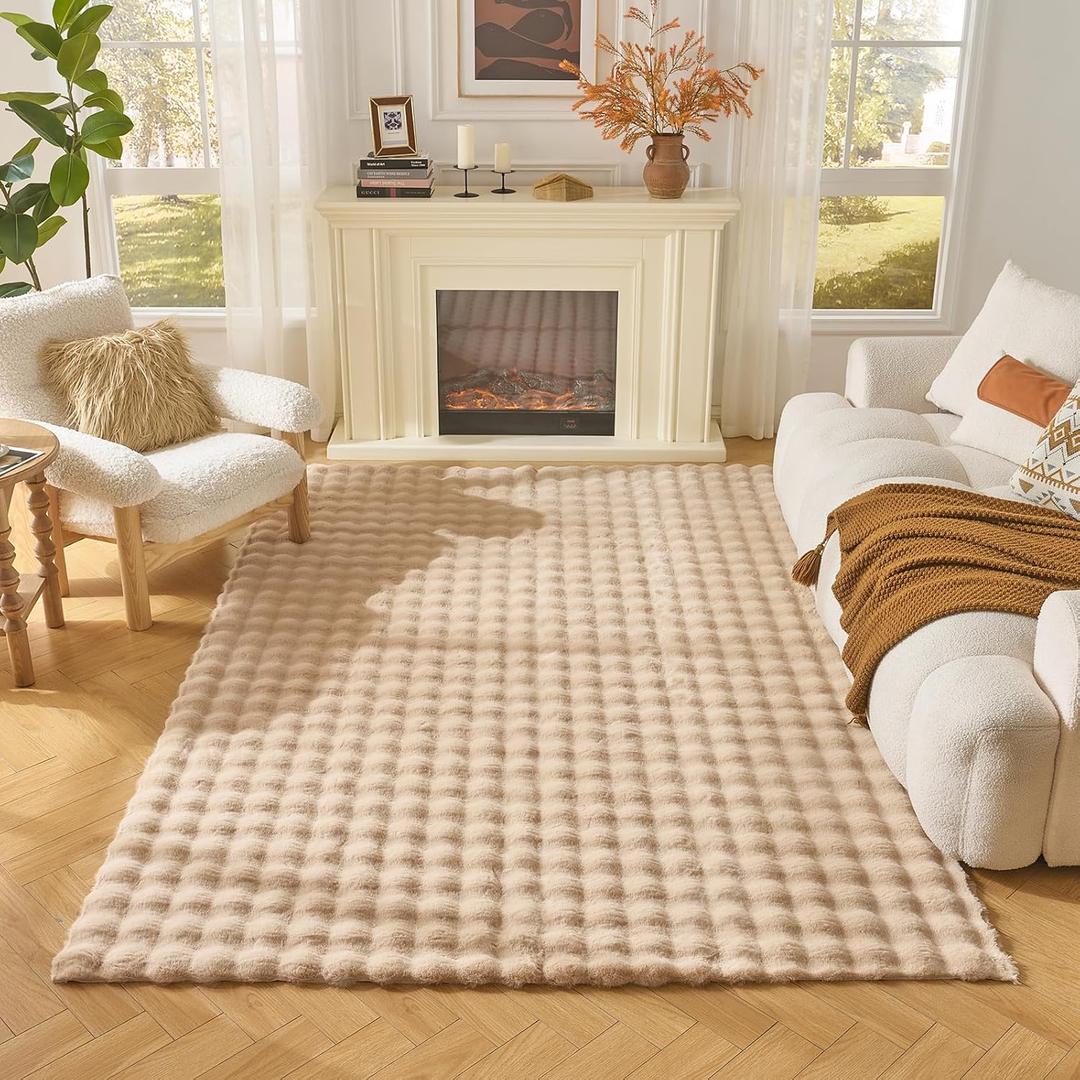 Lotus Karen Washable Area Rug, 3D Bubble Rug for Living Room, Bedroom, Faux Fur Carpet for Home Decor,6' W × 9' L, Khaki