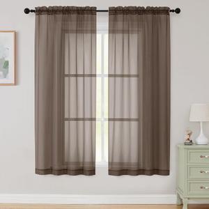 Sheer Chocolate Curtains for Bedroom Living Room 63 Inch Length 2 Panels, Airy Soft Light Filtering Sheer Dining Room Curtains, Modern Rod Pocket Drapes, Chocolate, Each 42" Wx63 L Inches