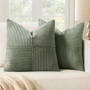 MIULEE Light Olive Green Decorative Throw Pillow Covers 18x18 Inch for Couch Bed Sofa Pack of 2 Boho Farmhouse Throw Pillows Soft Cross Corduroy Patchwork Textured Cushion Cases