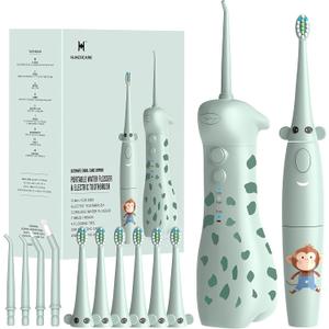 Kids Water Flosser & Electric Toothbrush Combo for Ages 6-12,Children Oral Irrigator with 3 Gentle Modes & 2 Sonic Modes,Braces-Friendly Dental Kit for Boys & Girls (Giraffe & Monkey Design)