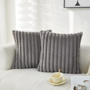 Sunday Praise Grey Striped Decorative Pillow Covers 20x20 Inch Set of 2 Double-Sided Faux Fur Plush Throw Pillow Cases Soft Fluffy Cushion Case for Couch Sofa Bed Home Dcor (20" x 20" (Pack of 2), Light Grey)