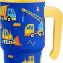 SANDJEST Construction Tumbler 20oz with Handle and Silicone Straw Lid for Kid, Insulated Stainless Steel Cup, Gift for Kids Boys, Gifts Idea for Birthday Christmas Back to School