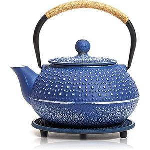 Juvale Cast Iron Teapot with Infuser - Blue, 27 oz (800 mL) - Stovetop Tea Kettle for Loose Leaf Tea - Includes Stainless Steel Infuser & Trivet