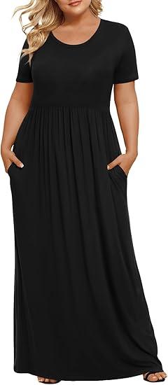 LONGYUAN Women's Plus Size Maxi Dresses for Curvy Women Casual Long Dress, Black,  4XL