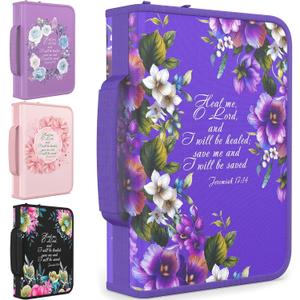 DEHITE Bible Cover Case for Women  Premium Fabric Bible Cases for Women - Carrying Bag for Woman  Pen Slots  Zippered Pocket  Christian Floral Accessories - Extra Large Holder (Purple XL)