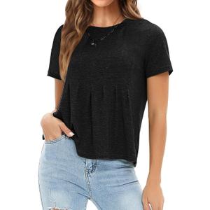 EXLURA Womens Summer Cute Crop Tops Short Sleeve Pleated Tshirts Crewneck Business Trendy Blouse Beach Vacation Outfits 2026 (Large, Black)