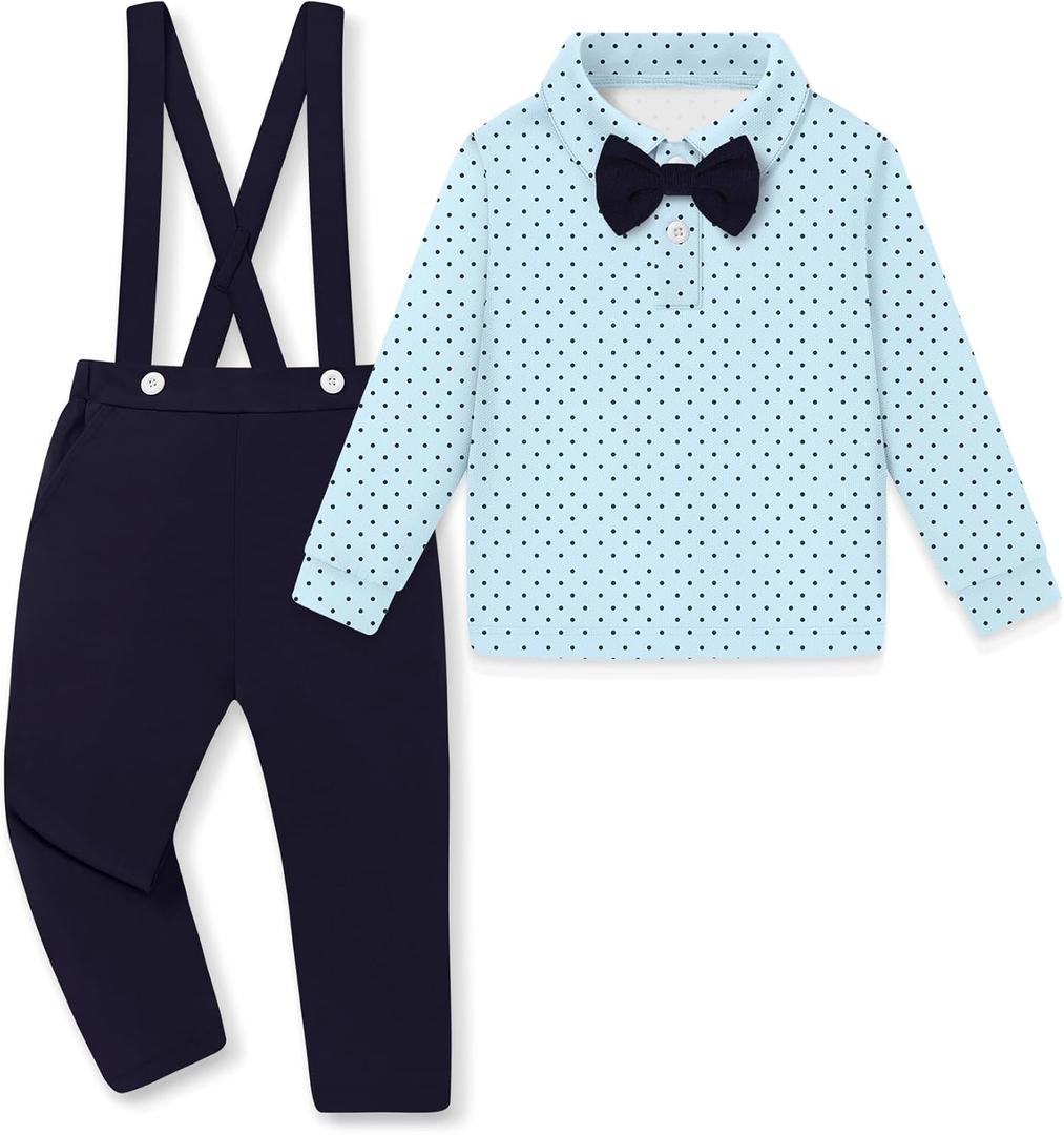 YALLET Toddler Baby Boy Clothes Polo Neck Long Sleeve Tops with Removable Bowtie + Overalls Fall Winter Outfits Set 1-5T (18-24 Months, Blue/Navy Blue)