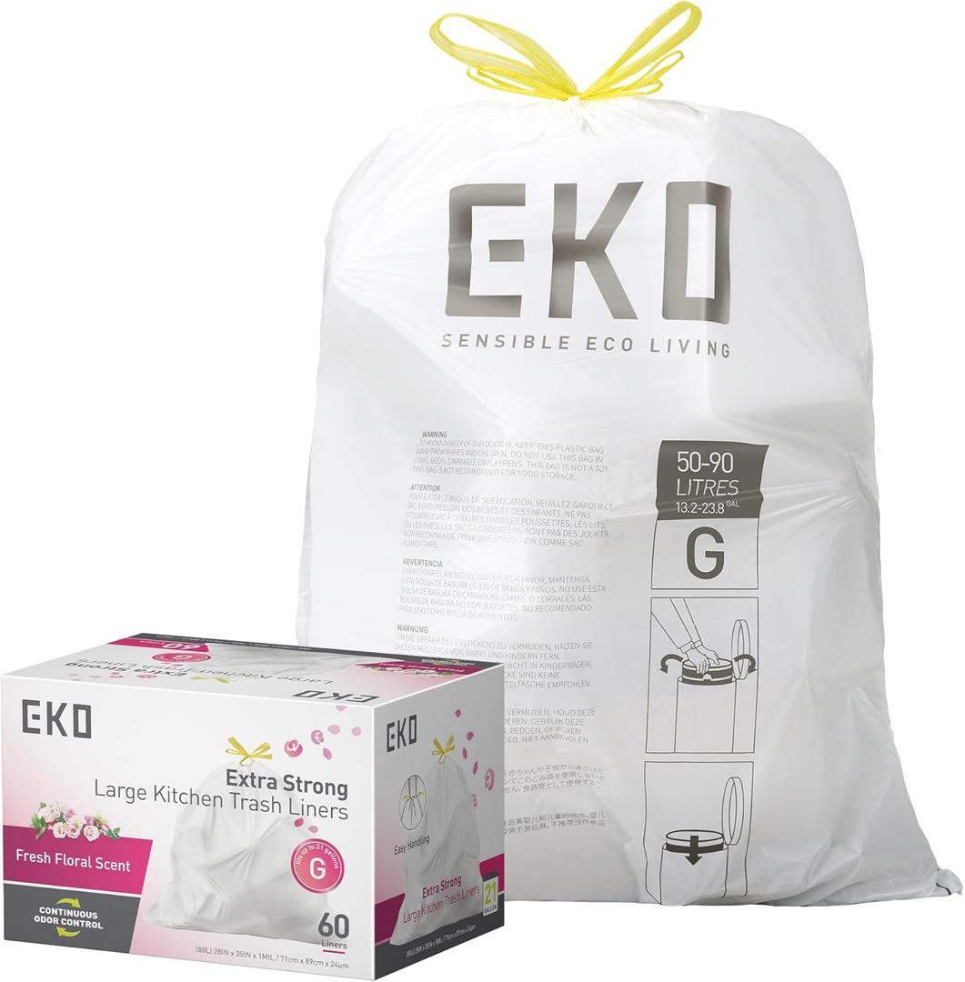 EKO 21 Gallon / 80 Liter Drawstring Trash Bags, Extra-Strong Garbage Bags, Fresh Floral Scent with Continuous Odor Control, 60 Count Easy-Dispense Roll for Kitchen and Household Use, Code G, White