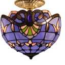 WERFACTORY Tiffany Ceiling Light Fixture Blue Purple Baroque Stained Glass Semi Flush Mount Lamp Wide 12 Inch, Height 11 Inch S003C Series