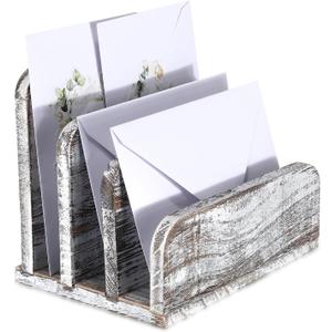 Wooden Mail Holder 3 Slots Mail Organizer for Desk Wood File Paper Letter Sorter for Letter Envelope Filing Cell Phone Document Storage, Organizer Tray for Office and Home (Old White)