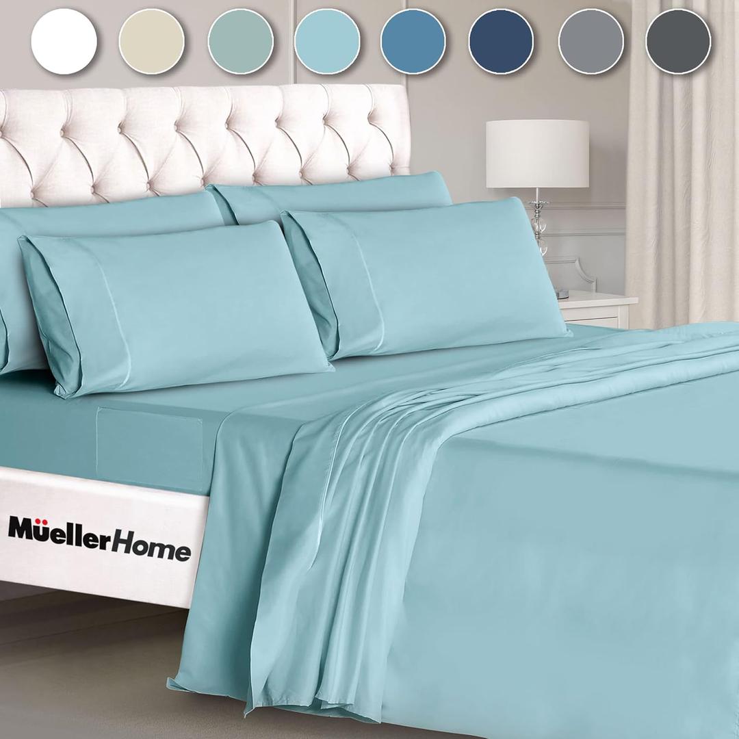 Mueller Ultratemp Bed Sheets Set, Super Soft 1800, 6 Piece Set, Deep Pocket up to 16" Sheets, Transfers Heat, Breathes Better, Hypoallergenic, Wrinkle, Aqua, California King