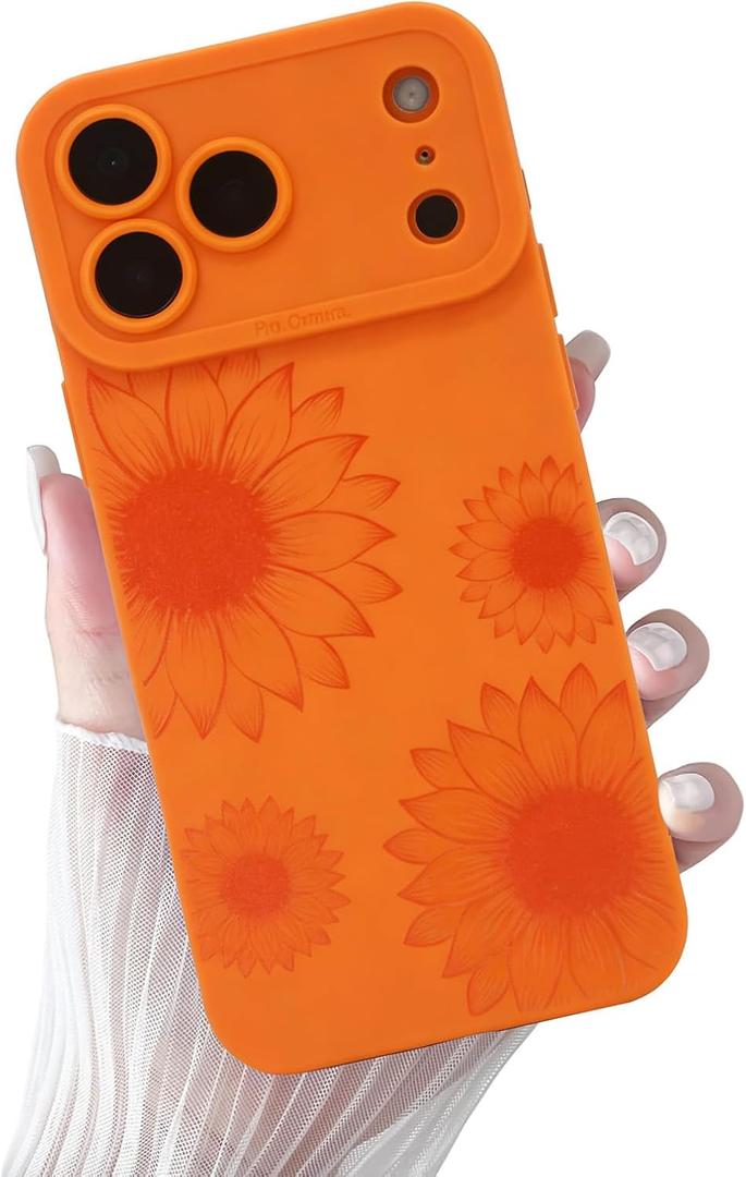 for iPhone 17 Pro Max Case Orange Flowers Floral Print | Shockproof Soft Silicone TPU Protective Cover for Girls Women, Fashion Design with Camera Protection, Wireless Charging