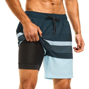 HODOSPORTS Mens Swimsuit Trunks 7" Quick-Dry Swim Shorts with Compression Liner and Zipper Pockets (XX-Large, 03 - Stripe C)