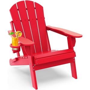 GREENVINES Folding-Adirondack-Chair | HDPE Plastic | Fire Pit Chairs | All Weather | Cup Holder | Red | for Deck Backyard Patio Outdoor Garden (RED)