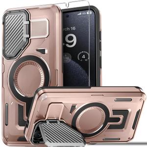 for Samsung Galaxy S24 FE Case Built-in Metal Camera Cover with Stand,[Compatible with Magsafe] Military Grade Rugged Shockproof Protective Cover with Screen Protector-Rose Gold