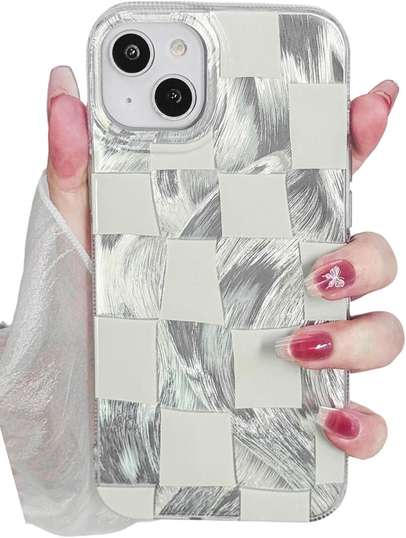 Compact for iPhone 16 Plus Case Shiny Silver Larger Checkered Design Phone Case, Cute Trendy Soft Slim TPU Shockproof Protective Cover for Women Girls Aesthetic Glitter, White