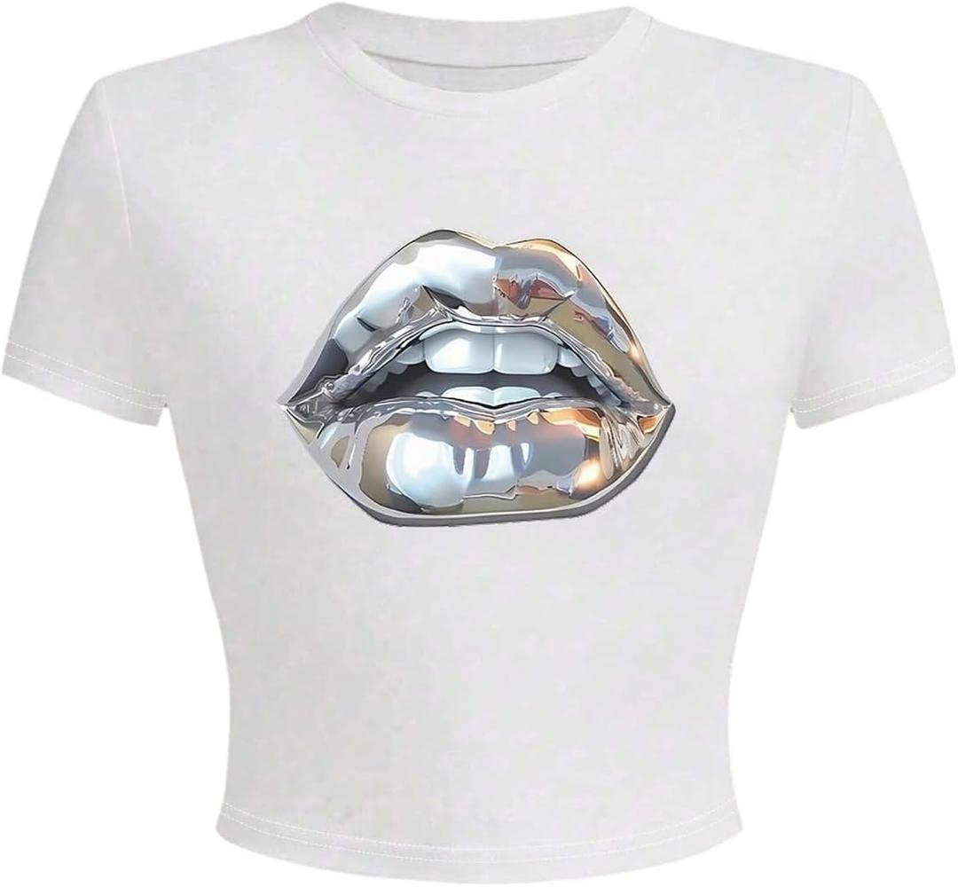 WDIRARA Women's Graphic T Shirts Crewneck Short Sleeve Tee Y2k Crop Tops (Medium)