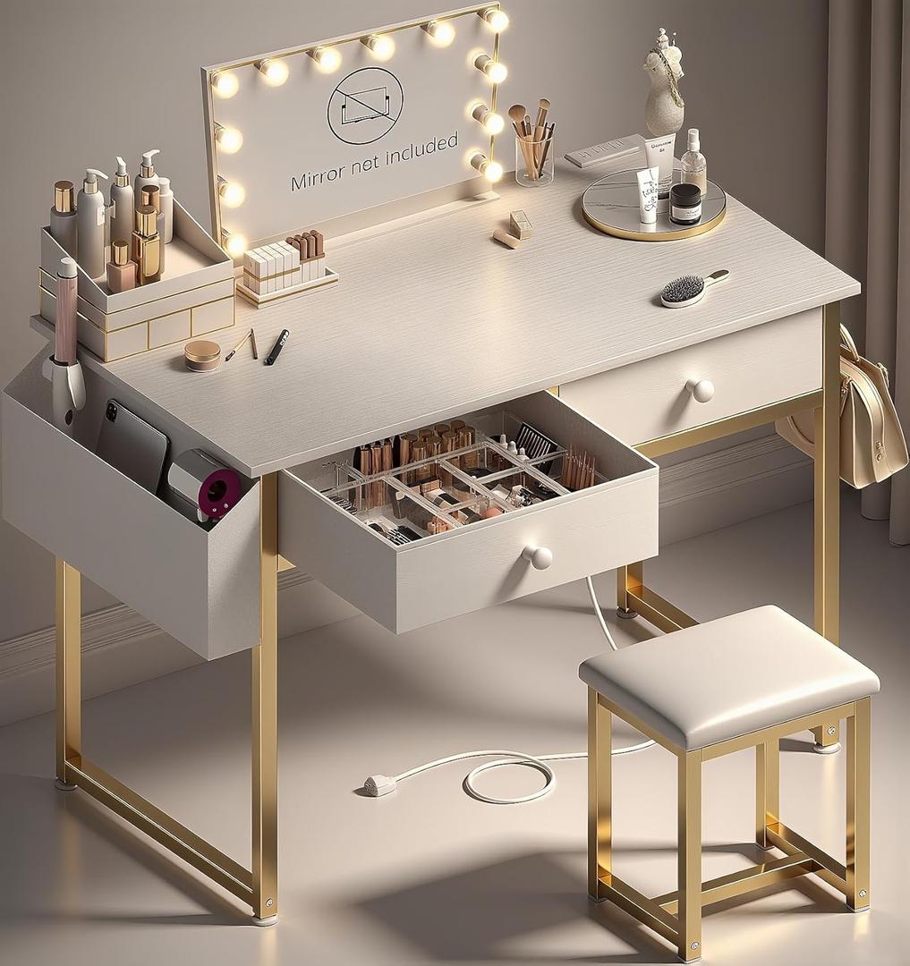 Makeup Vanity Desk No Mirror with Chair for Girls, White Small Vanity Table Set with Fabric Drawers, Power Outlet Without Mirror, Modern Make Up Desk for Bedroom (2.gold)