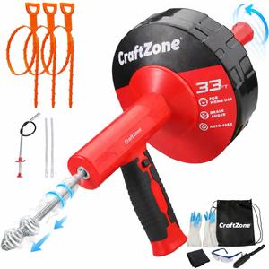 Drain Auger 33 Ft with Easy Cable Rewind System, Plumbing Snake with Drill Adapter, 2026 Upgraded Flexible Spring Steel Drain Cleaner for Kitchen, Bathroom, Shower & Sink