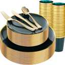 LIYH 180 Pcs Green and Gold Plastic Plates - Green Plastic Dinnerware sets,Disposable Dinner Dessert Plates, Gold Plastic Silverware Cups for Holiday, Party