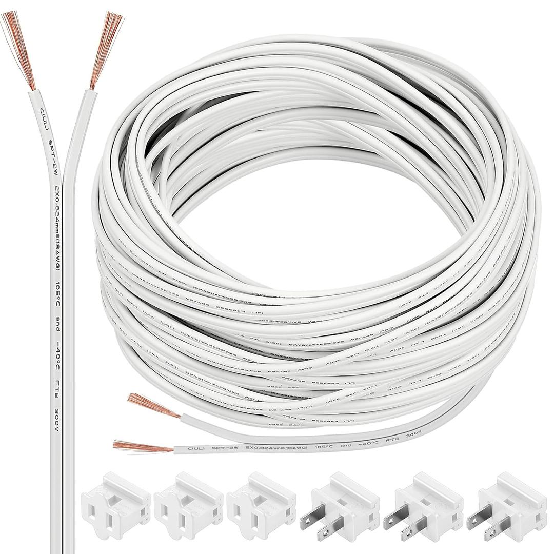 SPT-1 100 ft 18/2 Wire Electrical Wire with 6 Plugs 18 AWG Wire 18 Gauge Wire for LED Lighting Strip Lamp, Lamp Extension Cable, Residential Outdoor Commercial Industrial, White