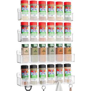 Nieifi Spice Rack Wall Mount, 4 Pack, Clear, Screw or Adhesive Installation, Spice Rack Organizer for Small Spice Jars, Suitable for Kitchen Cabinet or Pantry Door