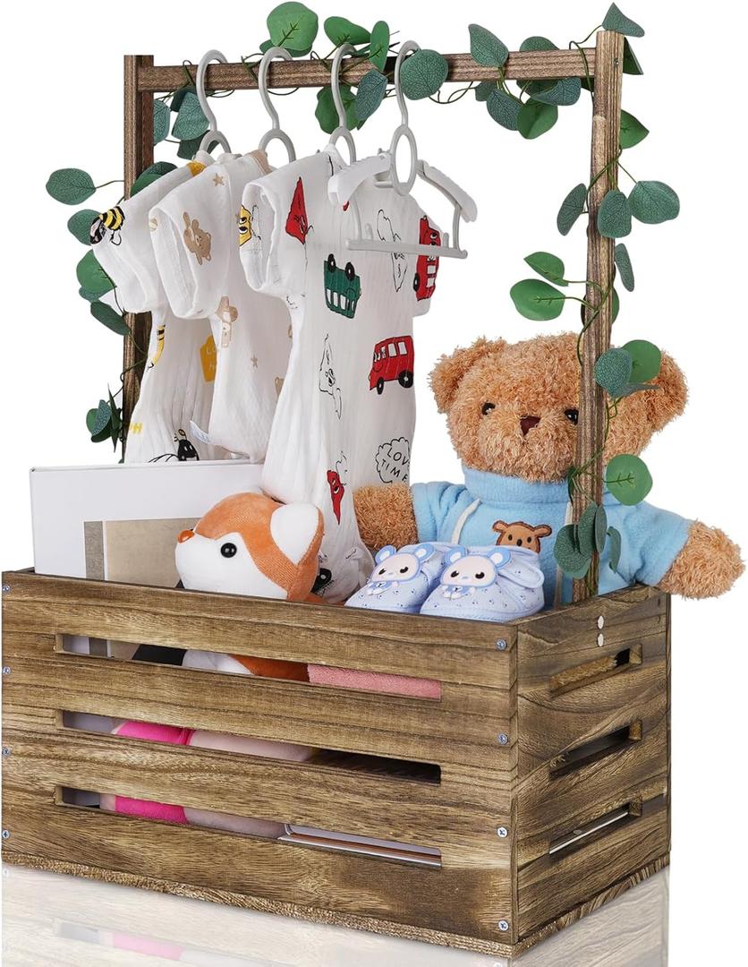 Wooden Baby Shower Crate Closet Baby Basket with Handle, Storage Basket, Welcome Box, Newborn Boy Girl Welcome Gift Basket, Maternity Gifts for New Parents (Black)