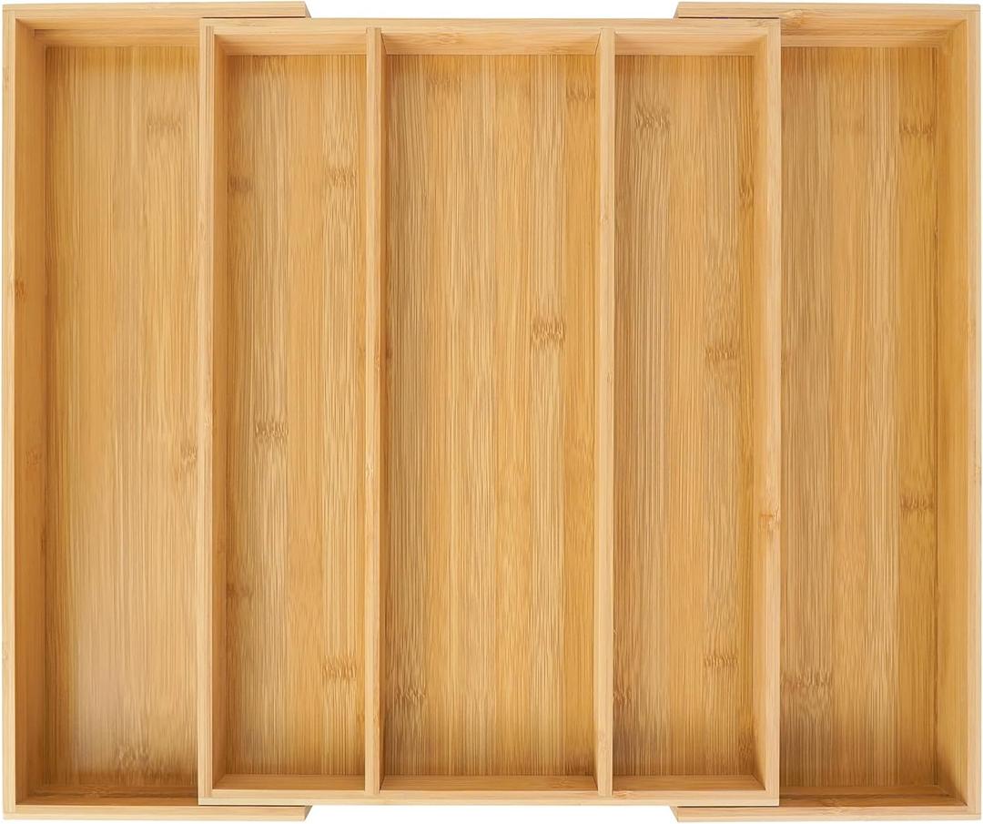 Utoplike Bamboo Expandable Kitchen Drawer Organizer, Adjustable Utensil Holder and Cutlery Tray Organiser, Drawer Divider for Silverware, Flatware, Knives in Kitchen, Bedroom, Living Room, 5 Slot (Large, Natural)