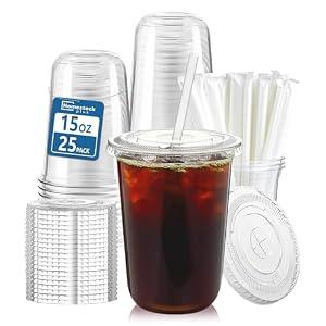 Homestockplus 25 Pack 15 oz BPA-Free Clear Plastic Cups with Lids and Straws â€“ Leak-Proof Disposable To-Go Cups for Iced Coffee, Smoothies, Juice, Daily Use & Small Gatherings