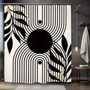 Abstract Minimalist Black Shower Curtain 60Wx72L Inch Modern Contemporary Neutral Aesthetic Leaves Geometric Simple Bathroom Set Accessories Decor with 12 Pack Hooks