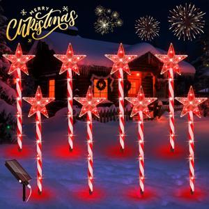 Solar Christmas Lights Outdoor 8 Pack, 2200mAh Solar Xmas Decorations Star Light, 8 Lighting Modes IP65 Waterproof Christmas Pathway Lights Outside for Garden, Yard, Street, Park, Holiday (RED)