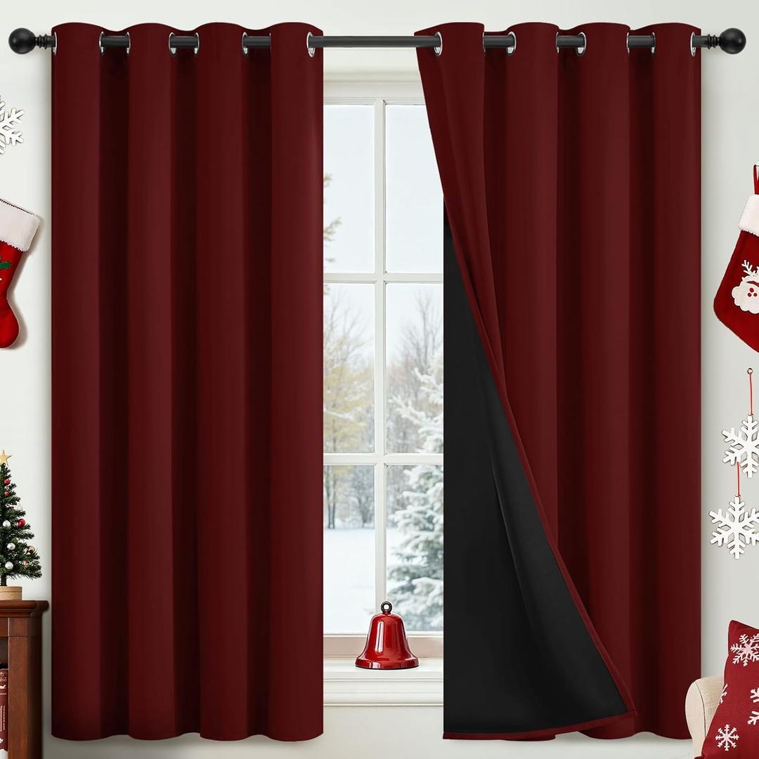 SimpleHome 100% Blackout Curtains for Bedroom,Thermal Insulated Burgundy Red Grommet Window Drapes Room Darkening Curtains for Living Room with Black Back,52 x 63 Inch,2 Panels