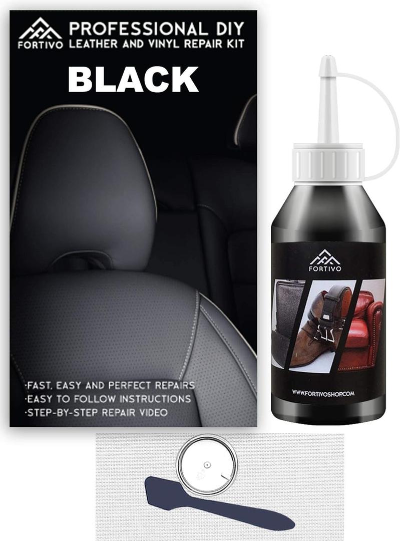 FORTIVO Black Leather and Vinyl Repair Kit - Repair and Restore Furniture, Couches, Car Seats, Jackets, Purses, Belts, Shoes, Works on Genuine, Italian, Bonded, PU, Pleather, No Heat Needed
