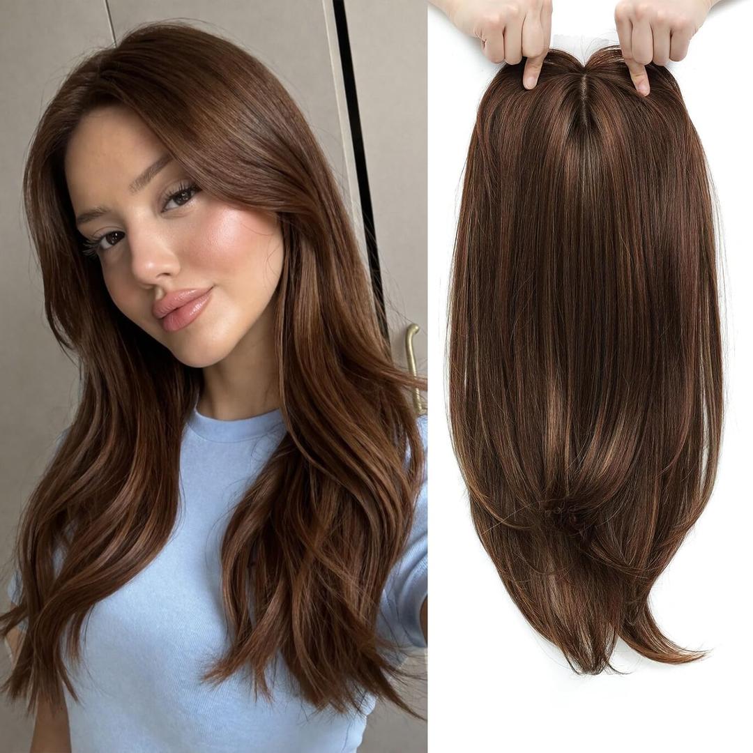 Molefi Hair Toppers for Women with Thinning Hair,18 Inch Long Layered Toppers, Add Volume Synthetic Wiglets Pieces For Women 6.5"x6.5"Large Base for Daily Use (Brown with Ash Brown Highlights)