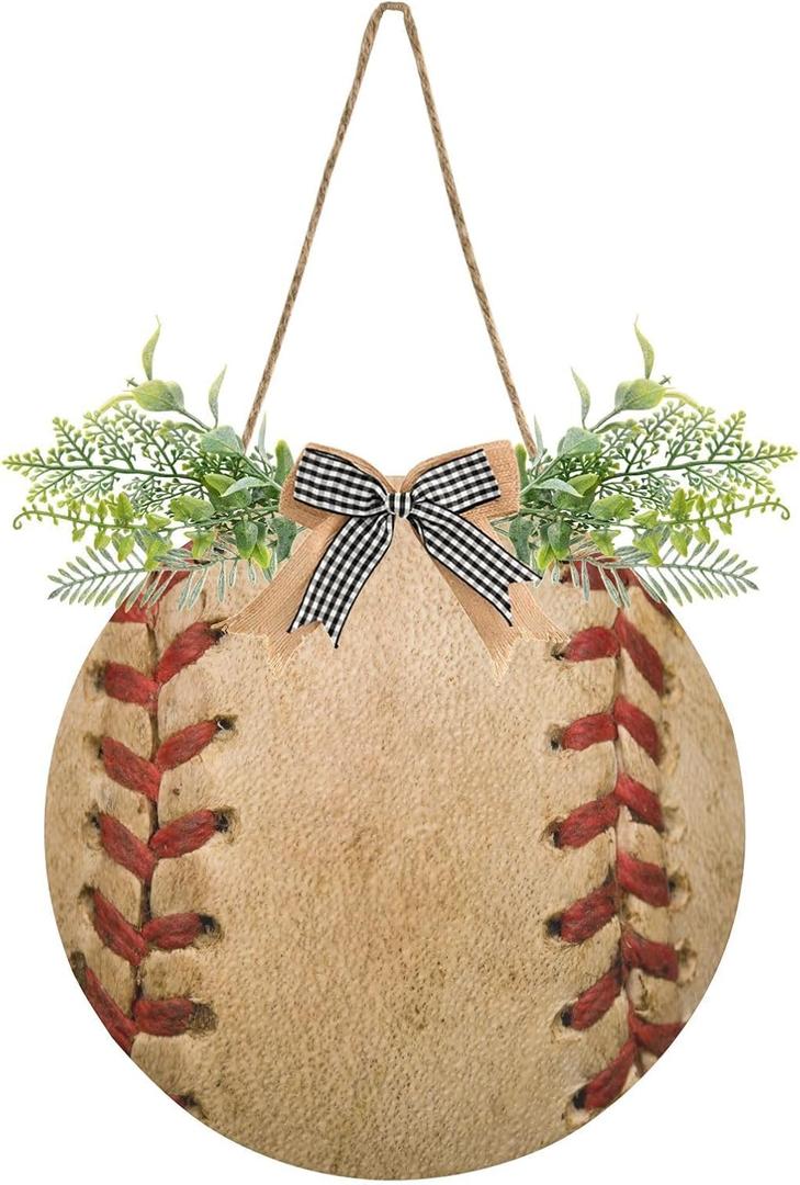 KOCOART Door Wreath for Front Door Vintage Baseball Softball Rustic Farmhouse Hanging Door Sign Round Red Lace Seam Wall Decoration for Home Porch Bedroom Office Garden Indoor Outside (Pattern3)