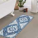 Uphome Boho Retro Bathroom Rug Runner Blue Non-Slip Soft Bath Mat Oriental Tribal Machine Washable Bath Rug Traditional Farmhouse Floral Long Rug for Shower Sink Entrance, 18x47 inch
