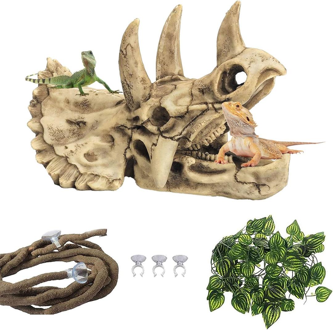 kathson Reptile Resin Dinosaur Skull Decoration Bearded Dragon Tank Triceratops Skeleton Accessories Vines Flexible Leaves Decor for Lizards Tortoises Snakes Frogs (3 PCS)