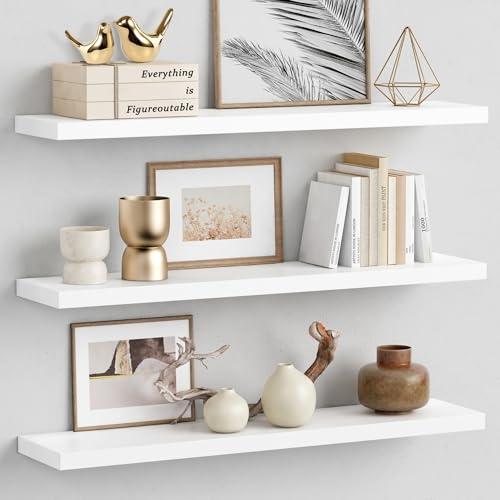 Forbena White Floating Shelves for Wall 36 Inches Long, Modern Wall Shelf for Living Room Decor, Large Deep Floating Shelf for Bedroom Home Office Closet Laundry Room Bathroom (3-Pack)