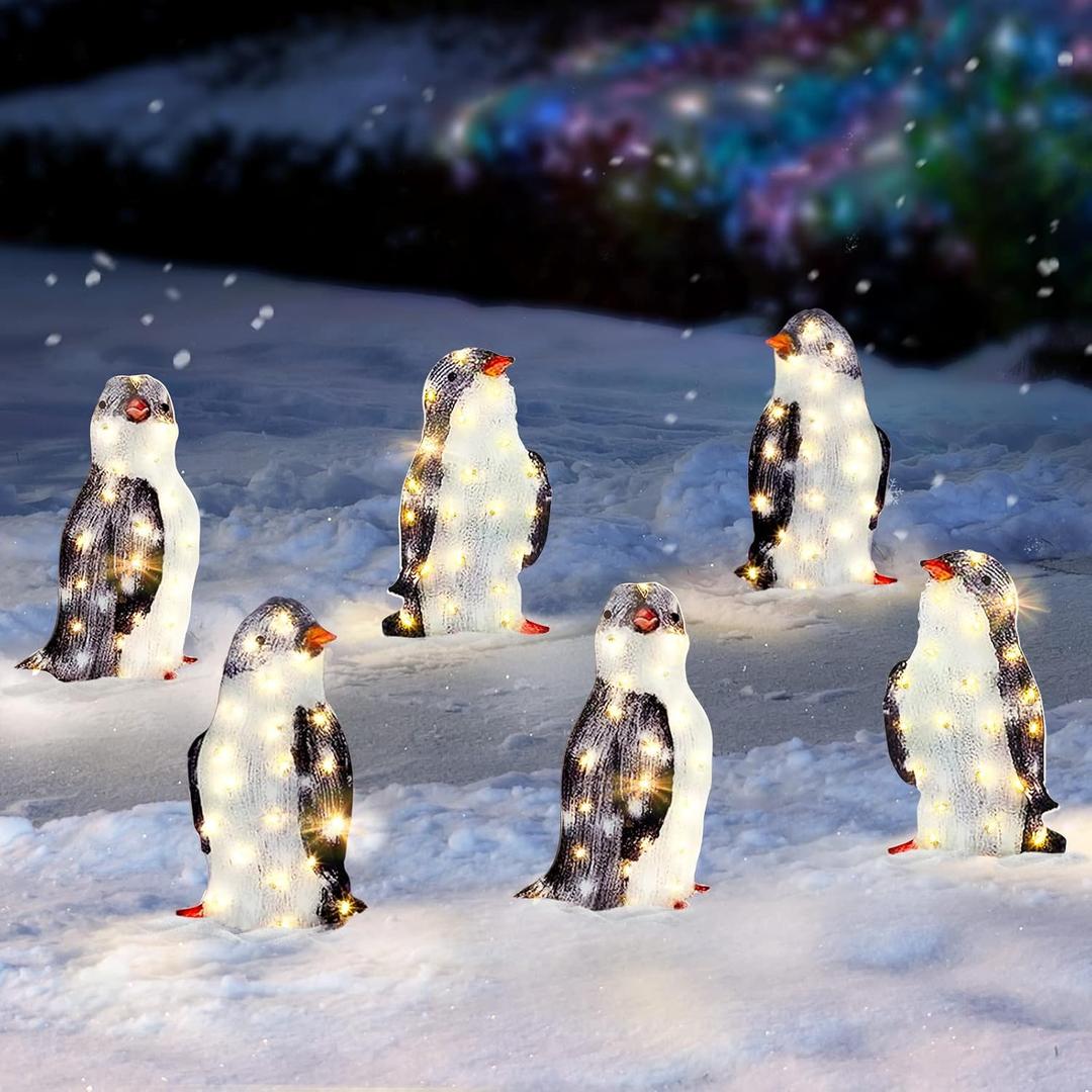 6 Pcs Lighted Penguin Christmas Decoration Christmas Yard Decorations Acrylic Penguin Party Decorations with LED Lights Battery Operated Outdoor Lighted Holiday Displays for Lawn Garden