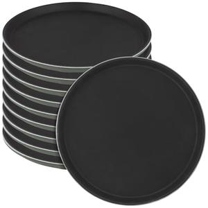 NINGWAAN 10 PCS Round Restaurant Serving Tray, 11 inch Plastic Non Slip Food Service Trays with Raised Edges for Kitchen, Cafeteria, Bar, Black