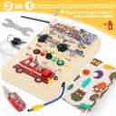 Busy Board for Toddlers 1-3 Montessori Toys - 2 in 1 Wooden Sensory Toys with LED Light Switches & Screwdriver Board - Fire Truck Toddler Learning Toy for 2 3 4 Year Old Boy Girl Car Plane Travel