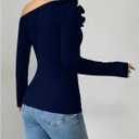 OYOANGLE Women's Floral Appliques Off The Shoulder Top Long Sleeve Fitted Tee Shirts Going Out Tops (Blue, S)