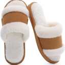 SHIBEVER Women's Slippers Fuzzy Open Toe Slip On Indoor House Shoes Comfy Bedroom Women Slippers (5-6, Brown)