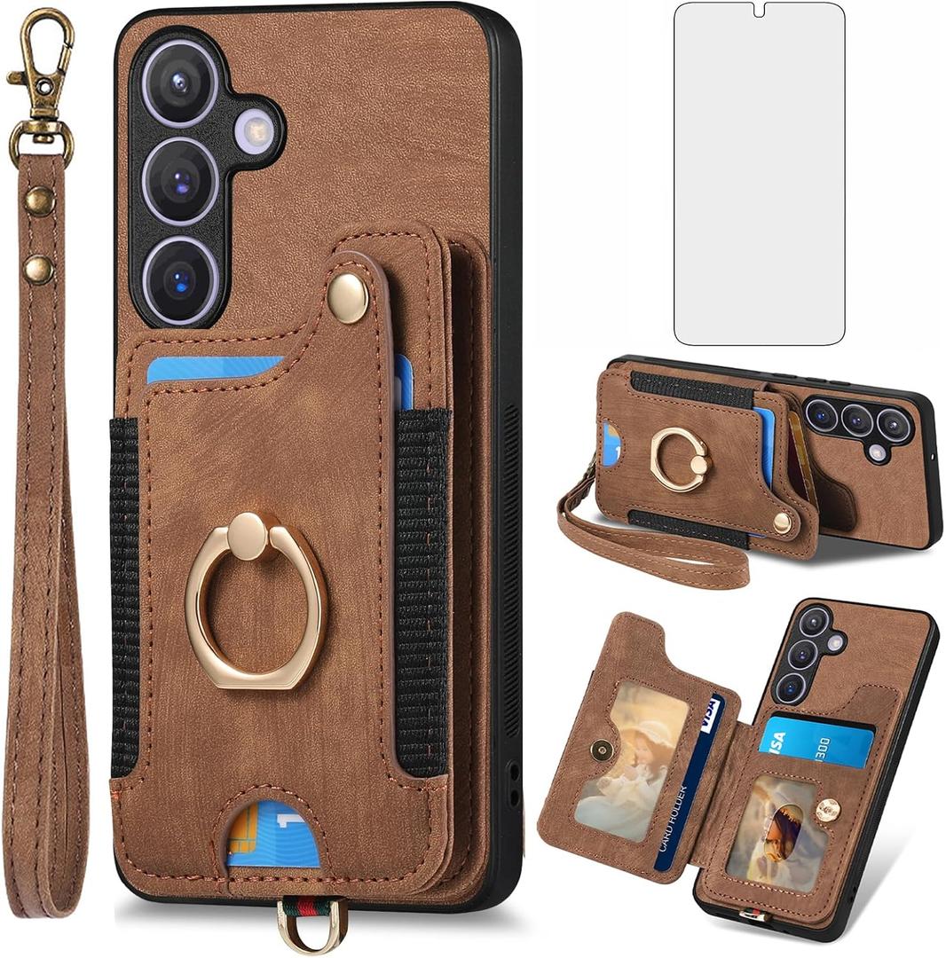 Asuwish Phone Case for Samsung Galaxy S24 Wallet Cover with Tempered Glass Screen Protector and Wrist Strap RFID Credit Card Holder Ring Stand Cell Accessories S 24 24S G5 SM-S921U Women Men Brown