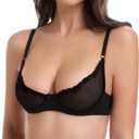 Wingslove Women's Sexy 1/2 Cup Lace Bra Balconette Mesh Underwired Demi Shelf Bra Unlined See Through Bralette (Black, 32DD)
